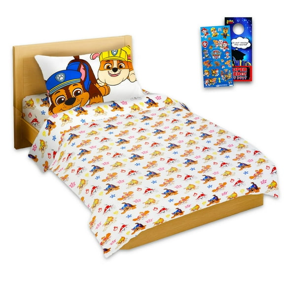 Paw Patrol Sheet Set Puppies Ready - Bundle of Paw Patrol Bedding Including: Flat Sheet, Fitted Sheet, and Pillowcase for Twin Bed Plus Stickers, More for Kids