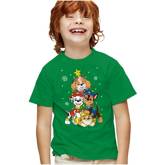 Paw Patrol Sky Chase Christmas Tree Kids T Shirt for Youth Boys and Girls, Kelly Green, Small