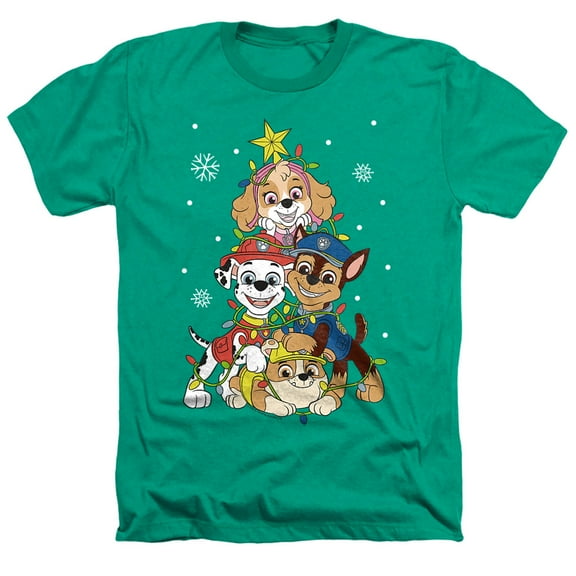 Paw Patrol Sky Chase Christmas Tree Unisex Adult Heather T Shirt, Kelly Green Heather, Medium