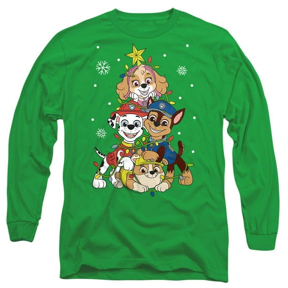 Paw Patrol Sky Chase Christmas Tree Unisex Adult Long-Sleeve T Shirt, Kelly Green, Small