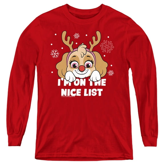 Paw Patrol Skye Nice Christmas List Youth Long Sleeve T Shirt, Red, Large