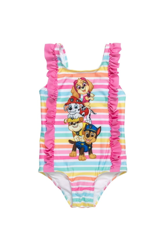 Sleeveless Cartoon Print Pink Bathing Suit Swimwear Toddler Girls One Piece Swimsuit 5T
