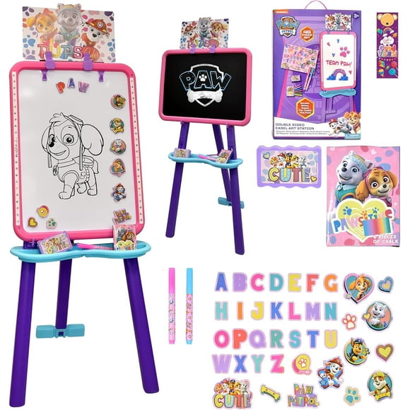 Paw Patrol Standing Art Easel for Kids with Magnetic Whiteboard, Chalkboard, Accessories and Bookmark, Pink/Purple