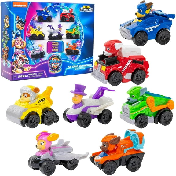 Paw Patrol: The Mighty Movie Toy Vehicle Set: 7 Pack with All Major Characters & Exclusive Mayor Humdinger Movie Figure- Gift Set with Rubble, Chase, Skye, Zuma, Marshall & Rocky (Unique Movie Color)