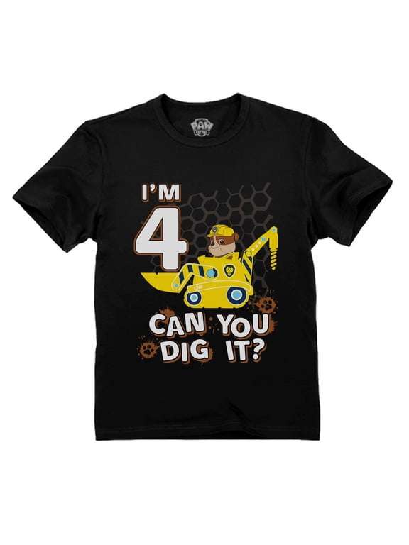 Paw Patrol Themed Tstars 4th Birthday T-Shirt - Fun Rubble Tractor Print Tee - Perfect Gift for Paw Patrol Lovers - Celebratory Kids Apparel for Four Year Olds - Nickelodeon-Themed Birthday Wear
