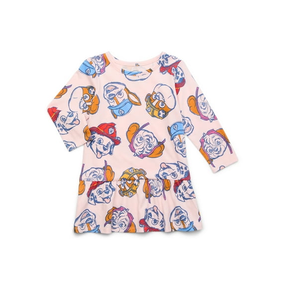 Paw Patrol Toddler Girl Long Sleeve Drop Waist All Over Print Dress, Sizes 12M-5T