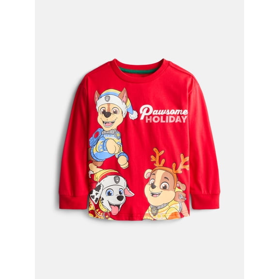 Paw Patrol Toddler Holiday Graphic Crewneck Tee with Long Sleeves, Sizes 12M-5T