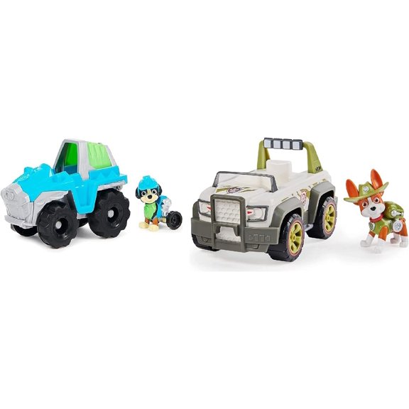 Paw Patrol, Trackers Jungle Cruiser & Paw Patrol, Rexs Dinosaur Rescue Vehicle with Collectible Action Figure Bundle