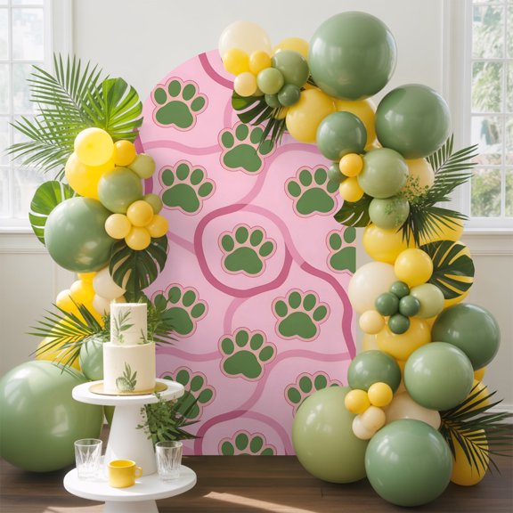Paw Print Arch Backdrop Cover, 4FT, Modern Minimalist Pink Swirl Line Green Track Spandex Arch Covers Double-Sided Backdrop for Wedding Birthday Party Photo Background Decoration