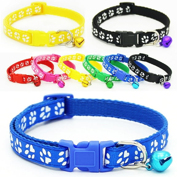 Paw Print Bell Collar for Puppy Cat, Pet Collar for Small Cats and Dogs Adjustable Nylon Collar w/ Bell, 1pc (Adjustable Length 7.48in - 12.60in)