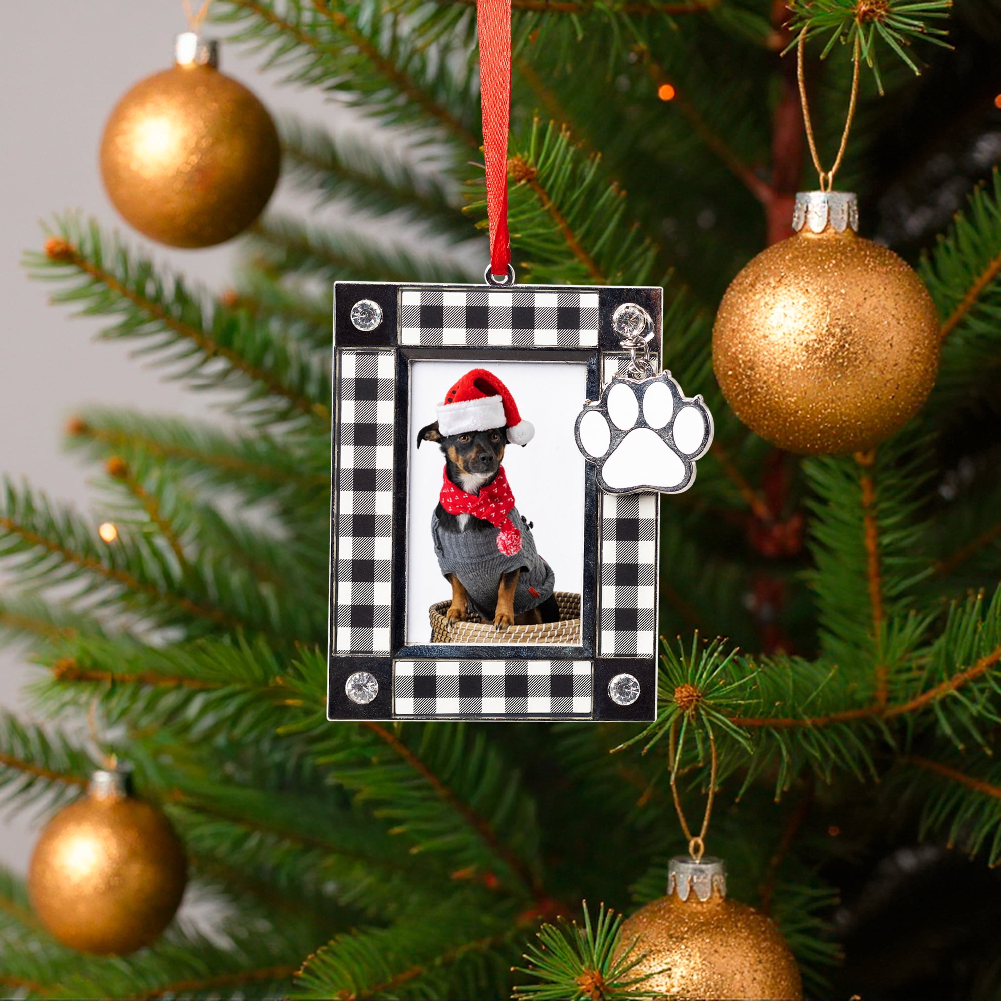 Paw Print Buffalo Plaid Pet Photo Frame Christmas Ornament - 3.5"