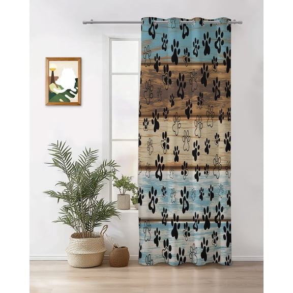 Paw Print Curtains 84 inches Long for Living Room Bedroom Dog Claws Pattern Brown Blue Wooden Striped Sliding Door Sheer Curtains Light Filtering Curtain 1 Panel Grommet Window Drape