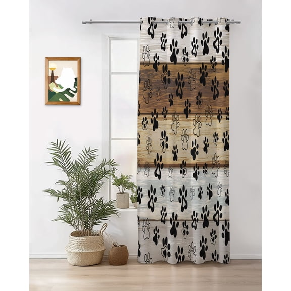 Paw Print Curtains 84 inches Long for Living Room Bedroom Dog Claws Pattern Brown Gray White Wooden Striped Sliding Door Sheer Curtains Light Filtering Curtain 1 Panel Grommet Window Drape