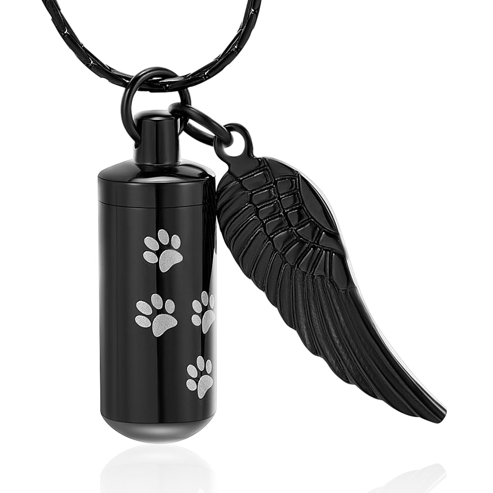 Paw Print Cylinder with Angel Wing Pendent for Ashes and Chain Pet ...