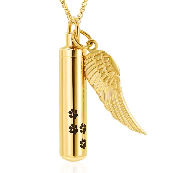 Paw Print Cylinder with Angel Wing Pendent for Ashes and Chain Pet Cremation Jewelry for Ashes Urn Necklace for Dog Cat Ashes Holder
