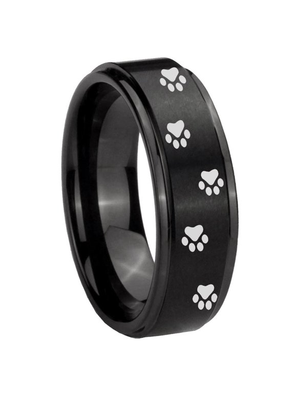 Paw Print Design Step Edge Brush Black Tungsten Men Ring 10MM