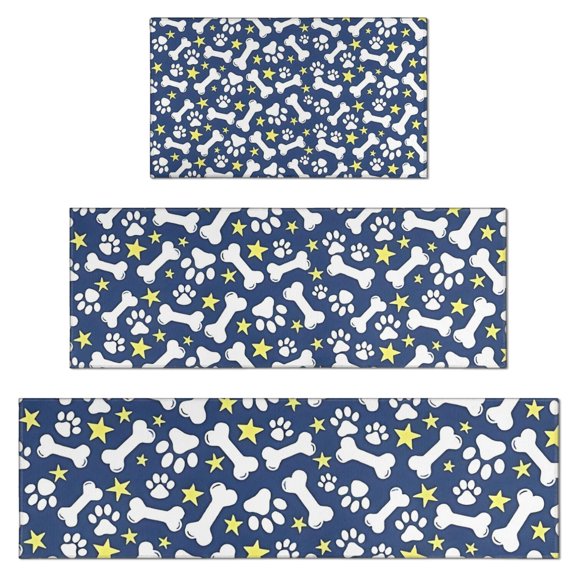 Paw Print Dog Bone Kitchen Rugs Sets Of 3,Kitchen Runner Rugs Non Skid Washable,Decorative Kitchen Floor Mats for Kitchen,Sink,Laundry,17"x30"+ 17"x47" + 17"x59"