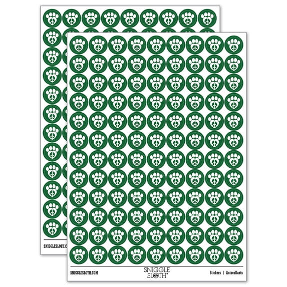 Paw Print Dog Cat Heart Peace Sign 200+ Round Stickers - Dark Green - Matte Finish - 0.50" Size