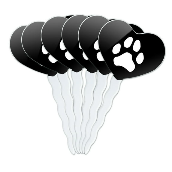 Paw Print Dog Cat White on Black Heart Love Cupcake Picks Toppers Decoration Set of 6