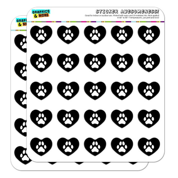 Paw Print Dog Cat White on Black Heart Shaped Planner Calendar Scrapbook Craft Stickers