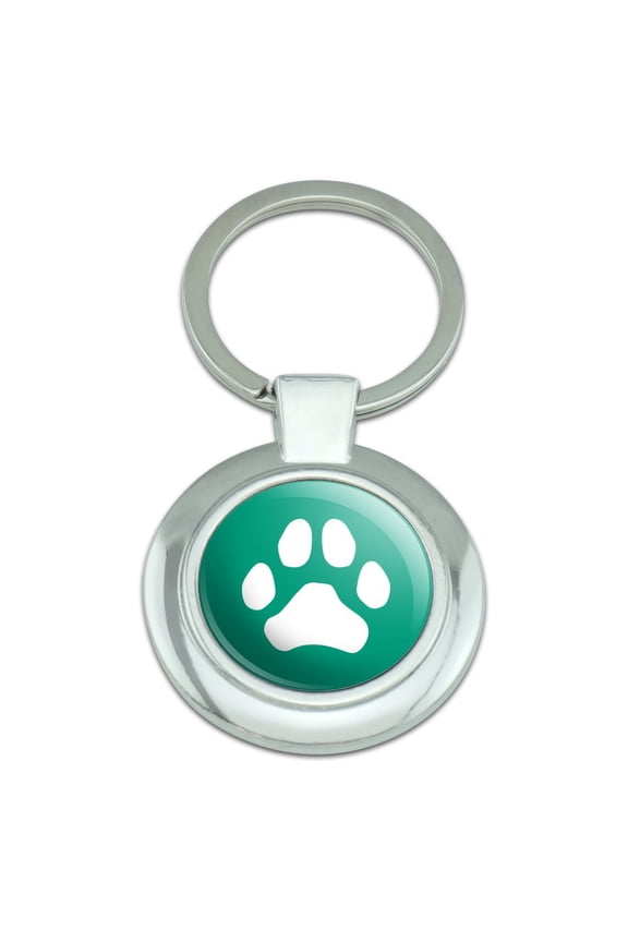 Paw Print Dog Cat White on Black Keychain Classy Round Chrome Plated Metal