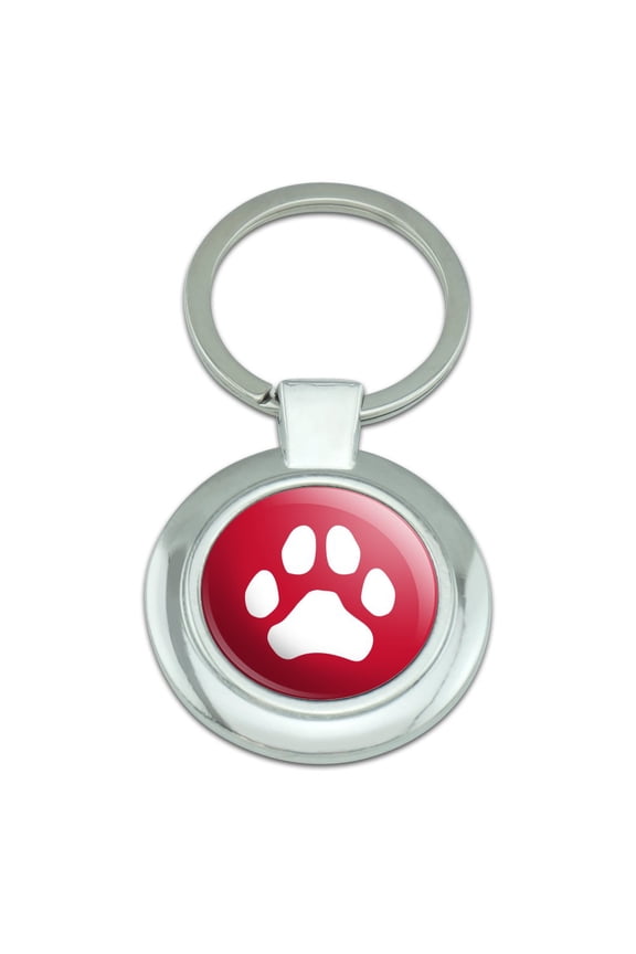 Paw Print Dog Cat White on Black Keychain Classy Round Chrome Plated Metal