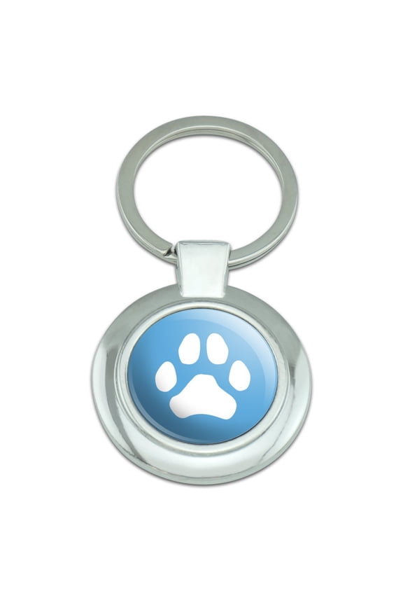 Paw Print Dog Cat White on Black Keychain Classy Round Chrome Plated Metal