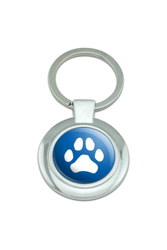 Paw Print Dog Cat White on Black Keychain Classy Round Chrome Plated Metal
