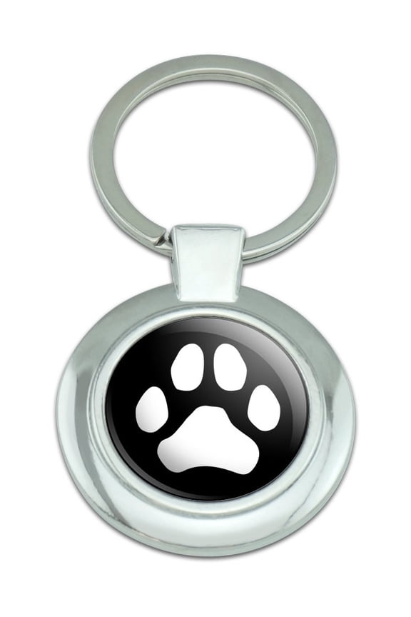 Paw Print Dog Cat White on Black Keychain Classy Round Chrome Plated Metal