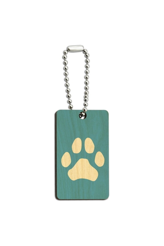 Paw Print Dog Cat White on Black Wood Wooden Rectangle Keychain Key Ring