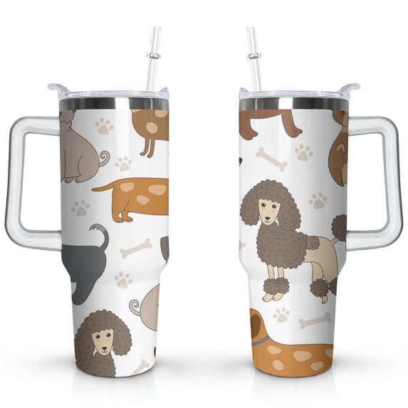Paw Print Dog Lovers Tumbler 40oz - Vacuum Insulated Coffee Cup with Handle & Straw- Cute Gift for Female Dog Owners