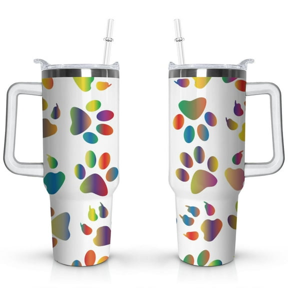 Paw Print Dog Lovers Tumbler 40oz - Vacuum Insulated Coffee Cup with Handle & Straw- Cute Gift for Female Dog Owners