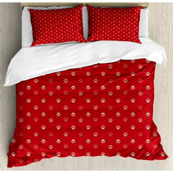 Paw Print Duvet Cover Set, Abstract Pattern with Dog Lover Ornamental Animal Steps on Warm Backdrop, Decorative 3 Piece Bedding Set with 2 Pillow Shams, King Size, Vermilion and Ivory, by Ambesonne