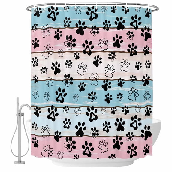 Paw Print Fabric Shower Curtain Animal Pink Blue Wood Grain Washable Shower Curtains for Bathroom, Waterproof Bath Curtain with Hooks Home Decor 72x72in