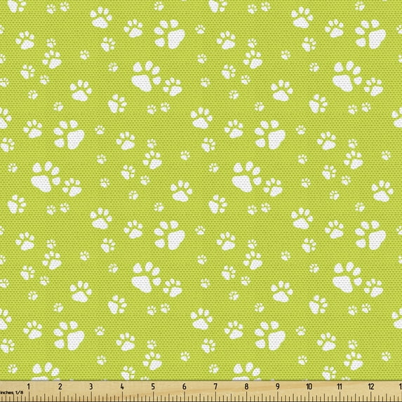 Ambesonne Paw Print Fabric by the Yard Upholstery, Dog and Cat Footsteps Art, 1 Yard, Apple Green and White