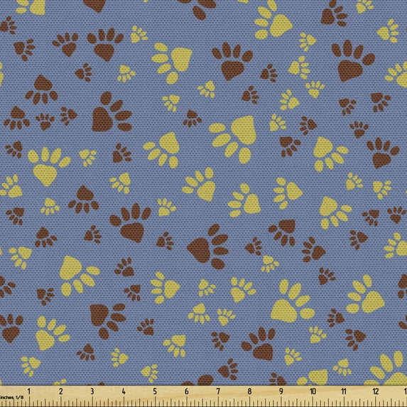 Ambesonne Paw Print Fabric by the Yard Upholstery, Many Animal Foot Marks, 1 Yard, Ceil Blue Khaki and Redbrown