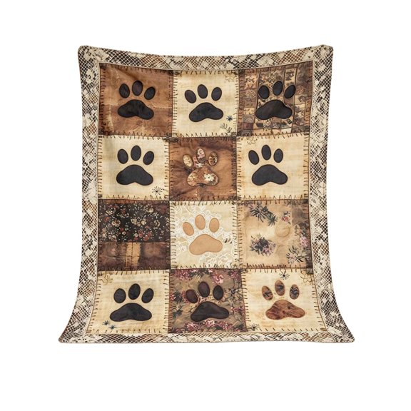 Paw Print Flannel Throw Blanket, Vintage Patchwork Dog Paw Design with Soft Plush Feel for Sofa, Bed, Reading Chair and Cozy Pet Lover Gift, 59.06 x 39.37 Inch