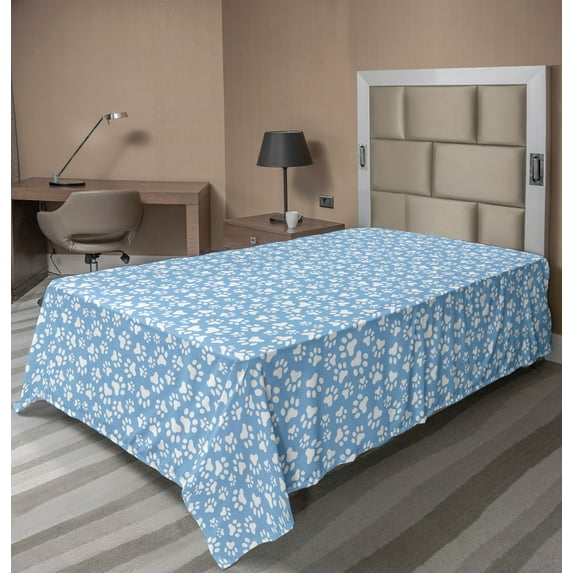 Ambesonne Paw Print Flat Sheet, Pet Foot Marks on Blue, TwinXL Size, Sky Blue and White