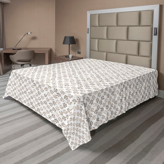 Ambesonne Paw Print Flat Bedding Sheet Soft Top Sheet, Sketchy Dog Cat Puppy Art, Queen, Pale Taupe Brown White