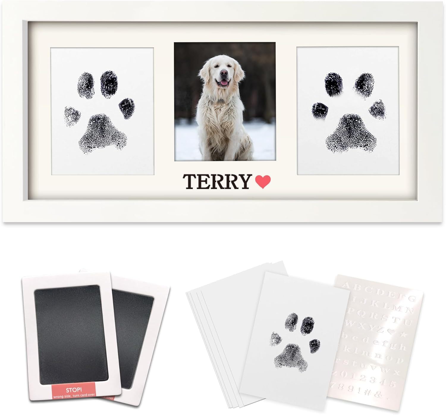 Paw Print Frame Kit,Dog/Cat Paw Print Kit,Soft Pawprint Clay&Clean Touch Ink Pad,Pet Paw Print Impression Kit with Customization Tool,Wooden Pet Memorial Frame,DIY Dog Lover Gifts