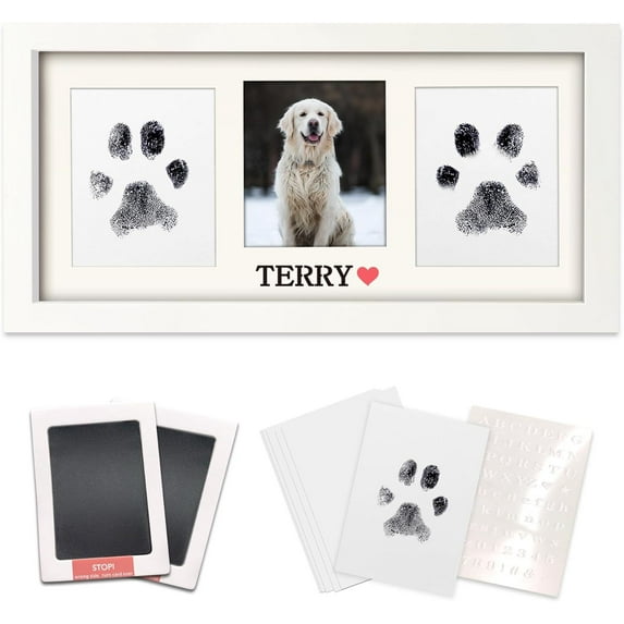 Paw Print Frame Kit,Dog/Cat Paw Print Kit,Soft Pawprint Clay&Clean Touch Ink Pad,Pet Paw Print Impression Kit with Customization Tool,Wooden Pet Memorial Frame,DIY Dog Lover Gifts