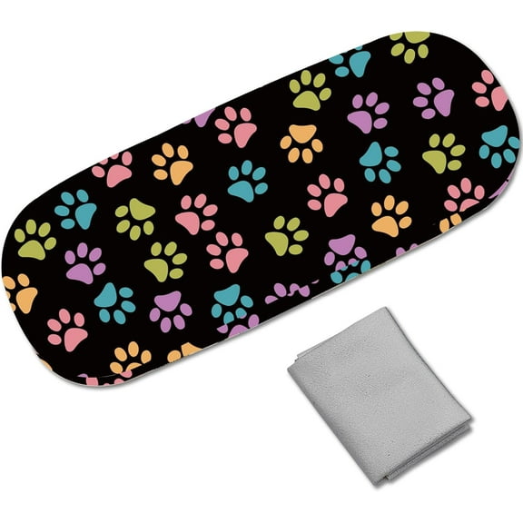 Paw Print Hard Shell Eyeglasses Case Leather Glasses Case Sunglasses Case Slim Portable Cute Clamshell Protective Case Holder Pouch Cover with Cleaning Cloth