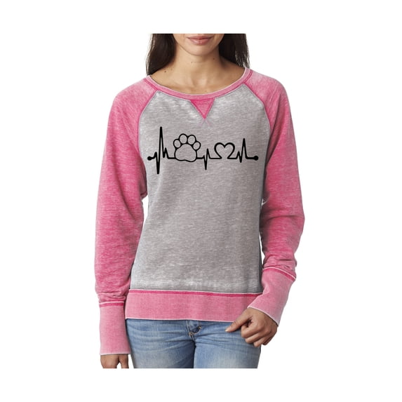Paw Print Heartbeat Ladies Zen Contrast Crew-Cement/Wildbrry-medium