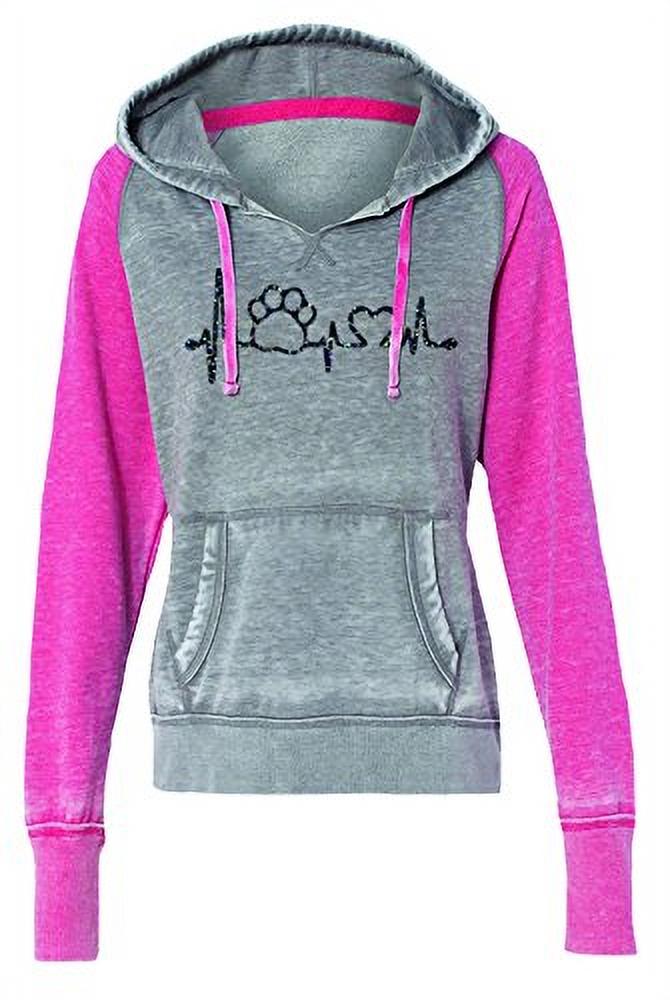 Paw Print Heartbeat Pet Rescue Ladies Contrast Fleece Hoody-Cement/Wil ...