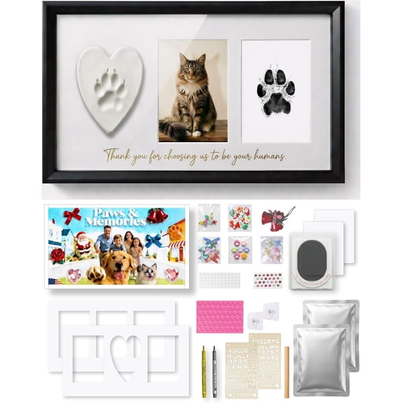 Paw Print Kit - Large High-Density MDF Memorial Frame with -Safe Clay & Clean- Ink Pad - 3 Mats & 80+ DIY Decorations - / Growth Record & Loss , Black