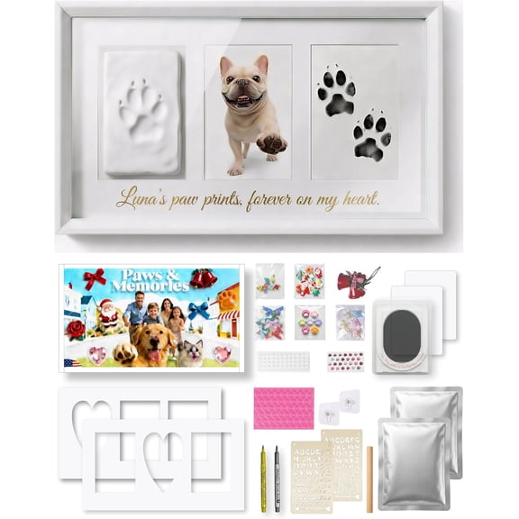 Paw Print Kit - Large High-Density MDF Memorial Frame with -Safe Clay & Clean- Ink Pad - 3 Mats & 80+ DIY Decorations - / Growth Record & Loss , White