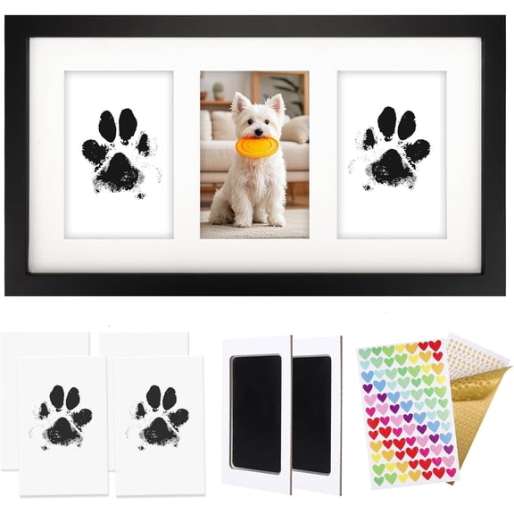 Paw Print Kit with Frame, Inkless Paw Print Kit for Dogs and Cats,  Memorial Picture Frame with Three 4x6 Photos, Wooden  , Black 8x15