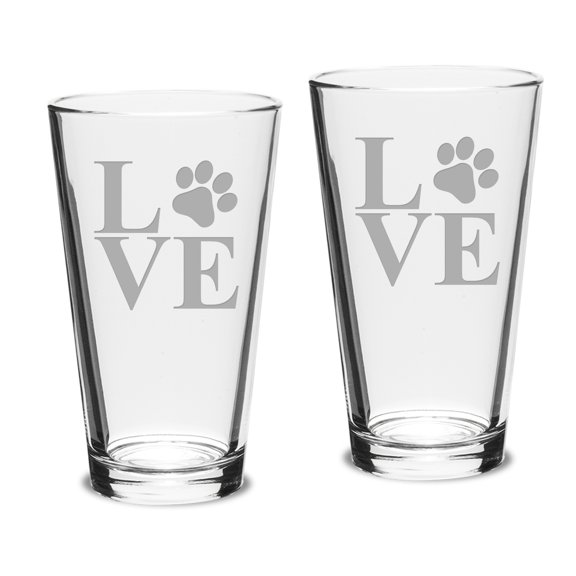 Paw Print LOVE Deep Etched Classic Pub Pint Glass Set of 2