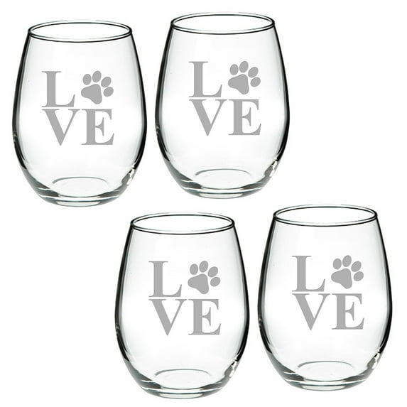 Paw Print LOVE Deep Etched Stemless Red Wine Glass Set of 2
