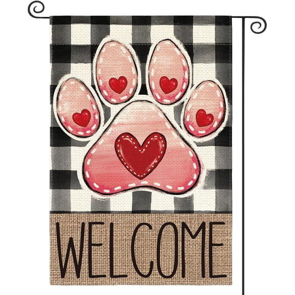 Paw Print Love Hearts Valentines Day Garden Flag 12x18 Inch Double Sided, Welcome Buffalo Plaid Rustic Yard Outdoor Decoration